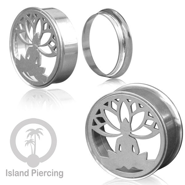 Anting Tindik Plug Stainless warna silver Ear-tunnel Piercing motif Tree of Life, Buddha dan Lotus