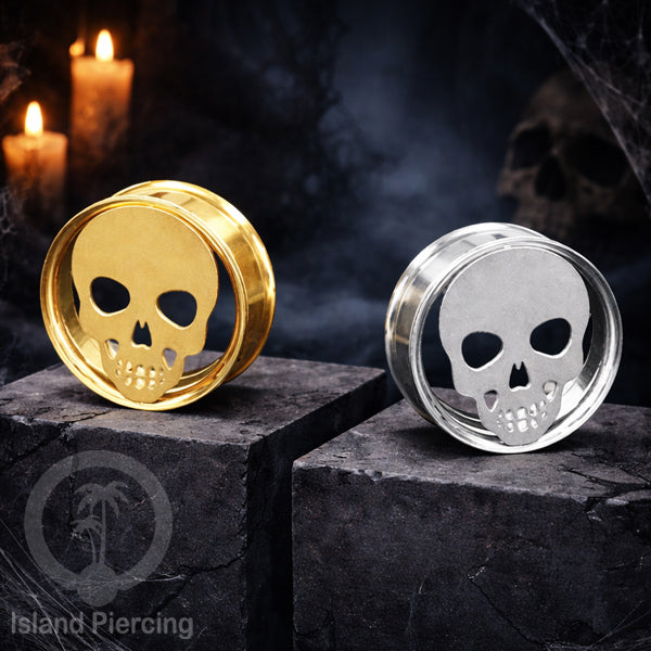 Anting Tindik Plug Stainless warna gold dan silver Ear-tunnel Piercing motif Tengkorak