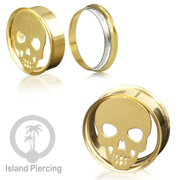 Anting Tindik Plug Stainless warna gold dan silver Ear-tunnel Piercing motif Tengkorak