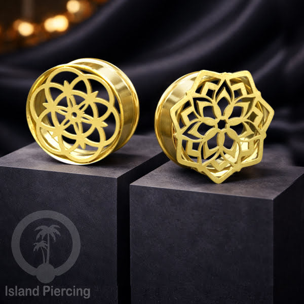 Anting Tindik Plug Stainless warna gold Ear-tunnel Piercing motif Mandala dan Sacred Geometri