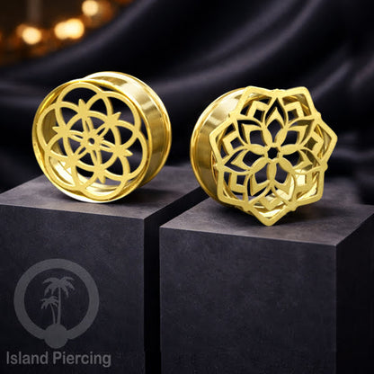 Anting Tindik Plug Stainless warna gold Ear-tunnel Piercing motif Mandala dan Sacred Geometri