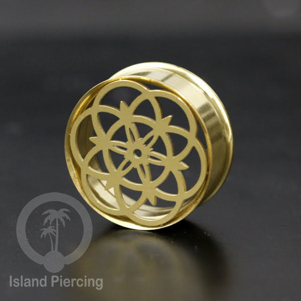 Anting Tindik Plug Stainless warna gold Ear-tunnel Piercing motif Mandala dan Sacred Geometri