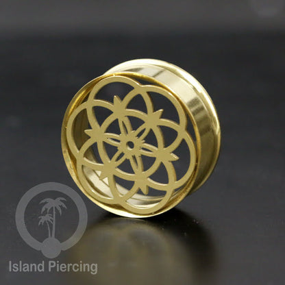 Anting Tindik Plug Stainless warna gold Ear-tunnel Piercing motif Mandala dan Sacred Geometri