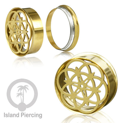 Anting Tindik Plug Stainless warna gold Ear-tunnel Piercing motif Mandala dan Sacred Geometri