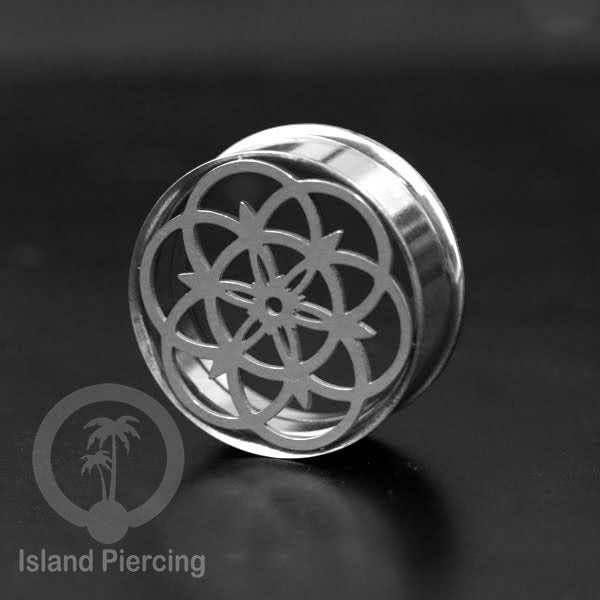 Anting Tindik Plug Stainless warna silver Ear-tunnel Piercing motif Sacred Geometry dan Mandala