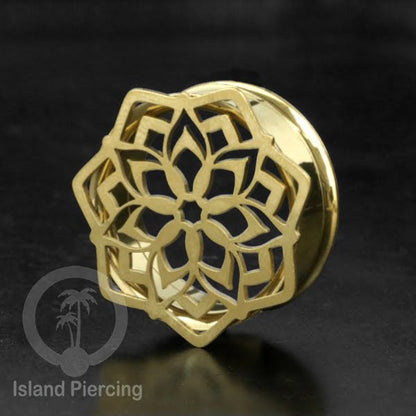 Anting Tindik Plug Stainless warna gold Ear-tunnel Piercing motif Mandala dan Sacred Geometri