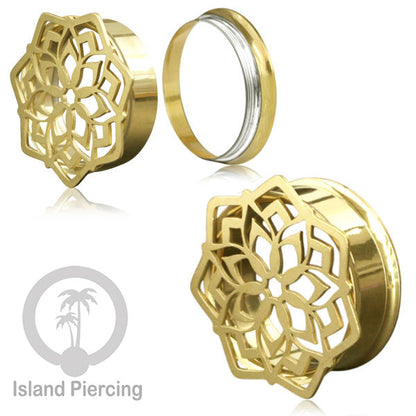 Anting Tindik Plug Stainless warna gold Ear-tunnel Piercing motif Mandala dan Sacred Geometri