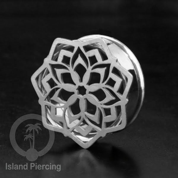Anting Tindik Plug Stainless warna silver Ear-tunnel Piercing motif Sacred Geometry dan Mandala
