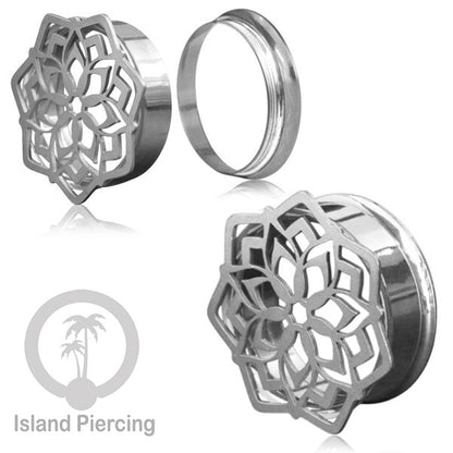 Anting Tindik Plug Stainless warna silver Ear-tunnel Piercing motif Sacred Geometry dan Mandala