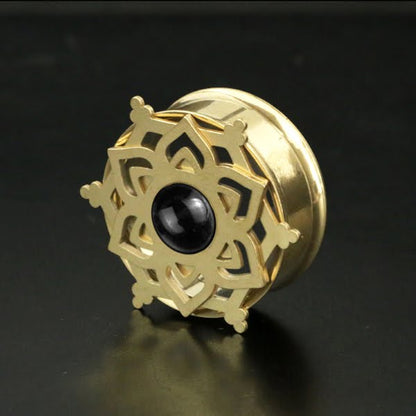 Anting Tindik Plug Stainless Mandala warna gold Ear-tunnel Epoxy warna Hitam