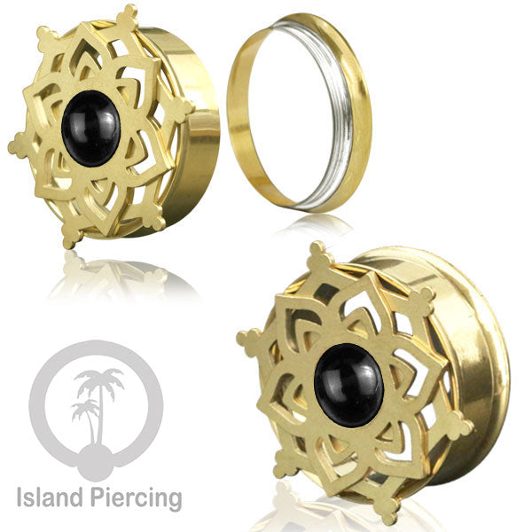 Anting Tindik Plug Stainless Mandala warna gold Ear-tunnel Epoxy warna Hitam