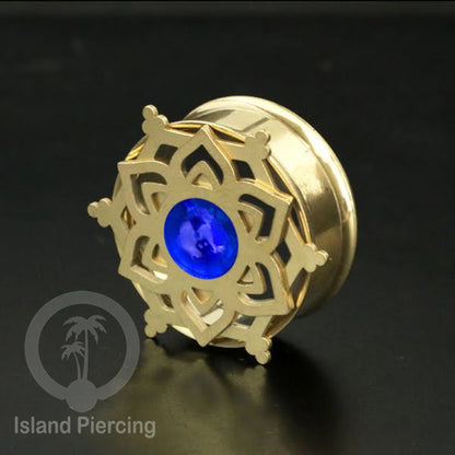 Anting Tindik Plug Stainless Mandala warna gold Ear-tunnel Epoxy warna Biru Tua