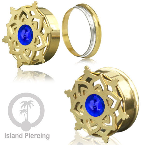 Anting Tindik Plug Stainless Mandala warna gold Ear-tunnel Epoxy warna Biru Tua