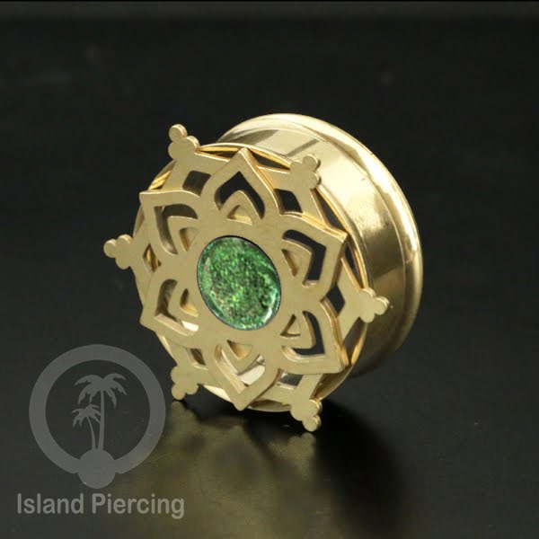 Anting Tindik Plug Stainless Mandala warna gold Ear-tunnel Epoxy warna Hijau