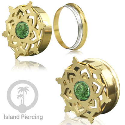 Anting Tindik Plug Stainless Mandala warna gold Ear-tunnel Epoxy warna Hijau