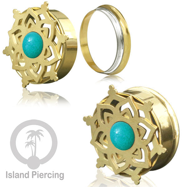Anting Tindik Plug Stainless Mandala warna gold Ear-tunnel Epoxy warna Turquoise