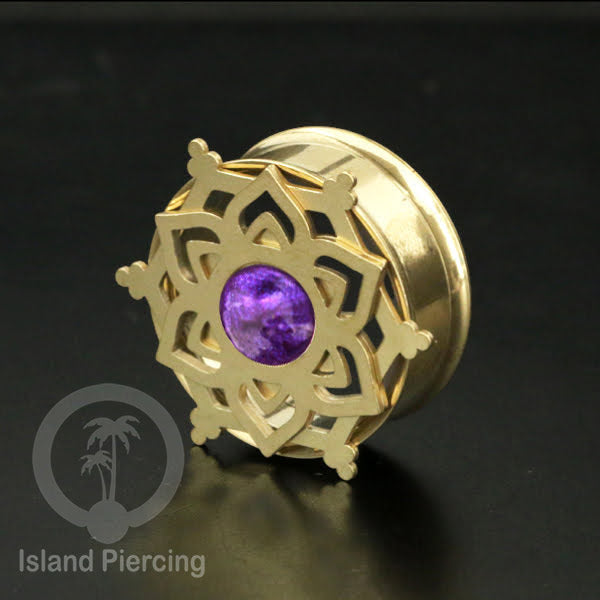 Anting Tindik Plug Stainless Mandala warna gold Ear-tunnel Epoxy warna Ungu
