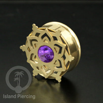 Anting Tindik Plug Stainless Mandala warna gold Ear-tunnel Epoxy warna Ungu