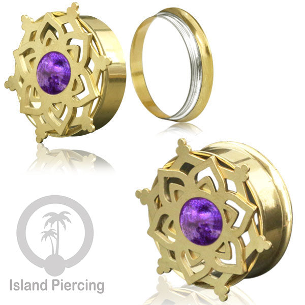 Anting Tindik Plug Stainless Mandala warna gold Ear-tunnel Epoxy warna Ungu