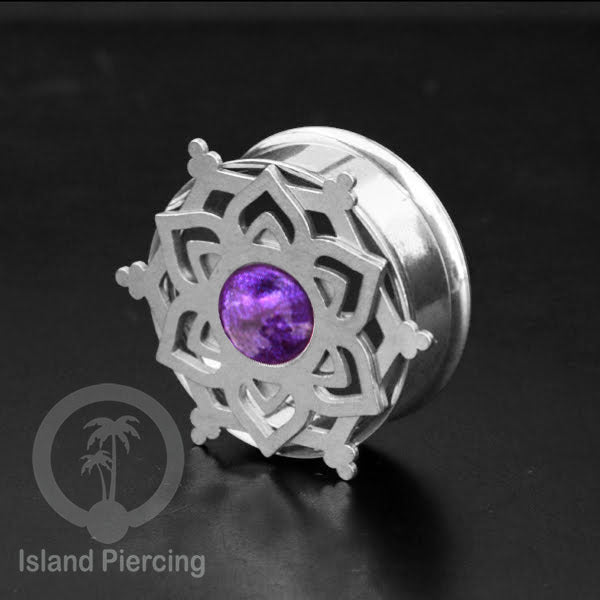 Anting Tindik Plug Stainless Mandala warna silver, Steel Ear-tunnel dengan Epoxy warna Ungu