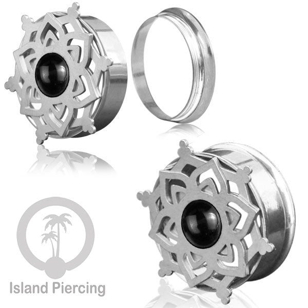 Anting Tindik Plug Stainless Mandala warna silver, Steel Ear-tunnel dengan Epoxy warna Hitam