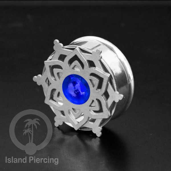 Anting Tindik Plug Stainless Mandala warna silver, Steel Ear-tunnel dengan Epoxy warna Biru tua