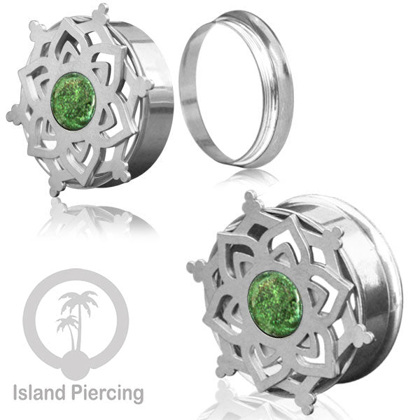 Anting Tindik Plug Stainless Mandala warna silver, Steel Ear-tunnel dengan Epoxy warna Hijau