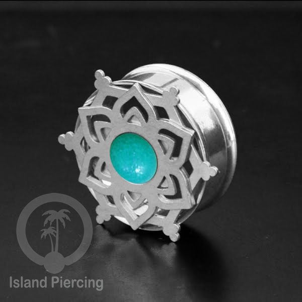 Anting Tindik Plug Stainless Mandala warna silver, Steel Ear-tunnel dengan Epoxy warna Turquoise