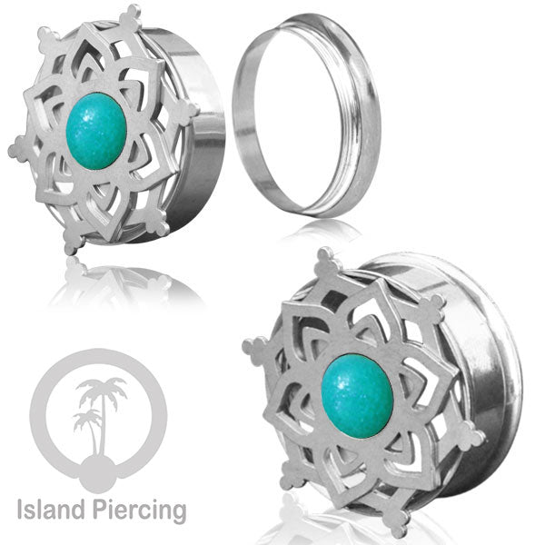 Anting Tindik Plug Stainless Mandala warna silver, Steel Ear-tunnel dengan Epoxy warna Turquoise