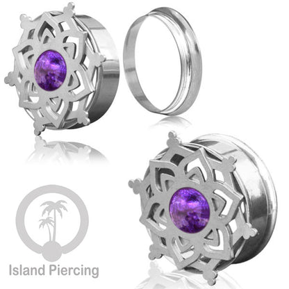 Anting Tindik Plug Stainless Mandala warna silver, Steel Ear-tunnel dengan Epoxy warna Ungu