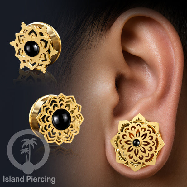 Anting Tindik Plug Stainless Mandala warna gold Ear-tunnel Epoxy warna Hitam
