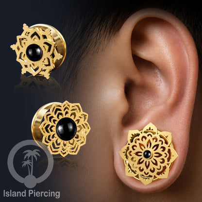 Anting Tindik Plug Stainless Mandala warna gold Ear-tunnel Epoxy warna Hitam