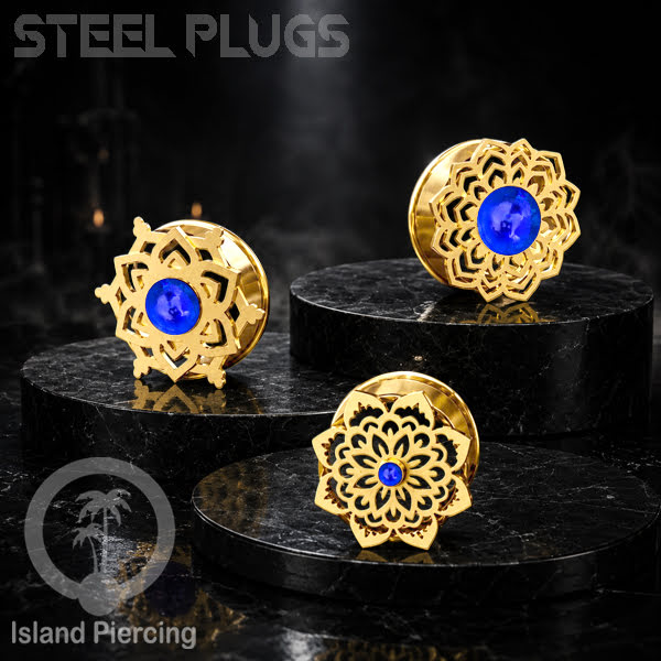 Anting Tindik Plug Stainless Mandala warna gold Ear-tunnel Epoxy warna Biru Tua