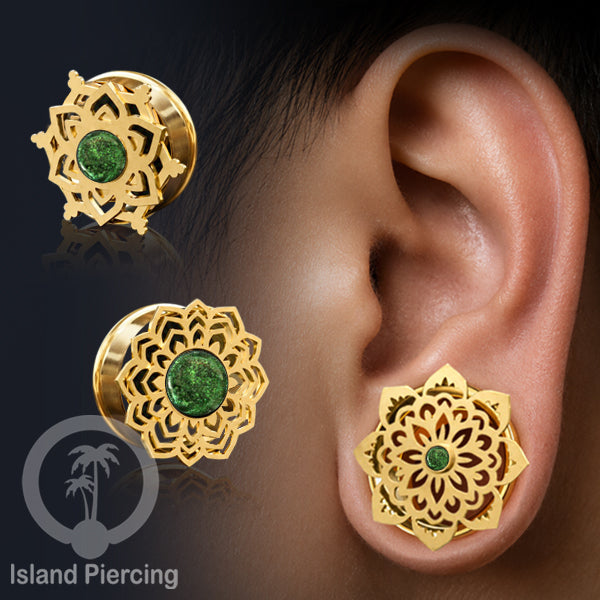 Anting Tindik Plug Stainless Mandala warna gold Ear-tunnel Epoxy warna Hijau