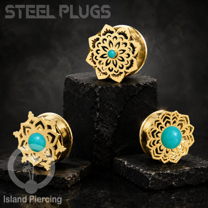 Anting Tindik Plug Stainless Mandala warna gold Ear-tunnel Epoxy warna Turquoise