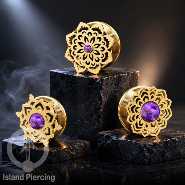 Anting Tindik Plug Stainless Mandala warna gold Ear-tunnel Epoxy warna Ungu