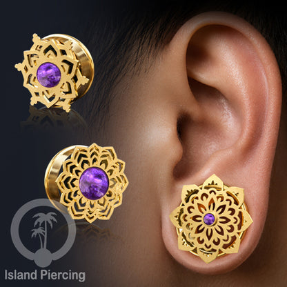 Anting Tindik Plug Stainless Mandala warna gold Ear-tunnel Epoxy warna Ungu