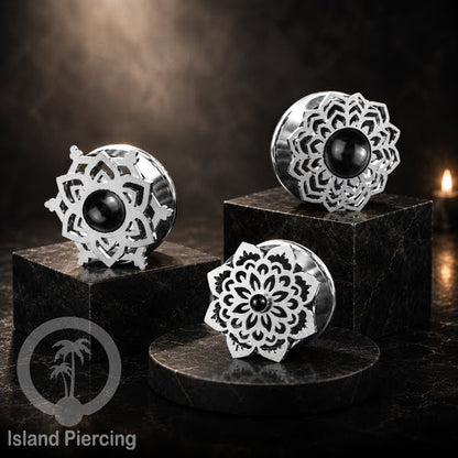 Anting Tindik Plug Stainless Mandala warna silver, Steel Ear-tunnel dengan Epoxy warna Hitam