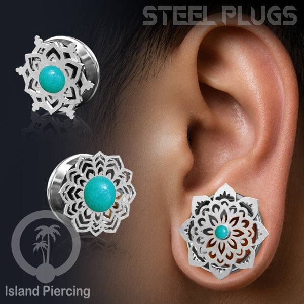 Anting Tindik Plug Stainless Mandala warna silver, Steel Ear-tunnel dengan Epoxy warna Turquoise