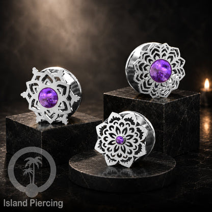 Anting Tindik Plug Stainless Mandala warna silver, Steel Ear-tunnel dengan Epoxy warna Ungu