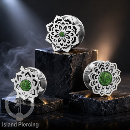 Anting Tindik Plug Stainless Mandala warna silver, Steel Ear-tunnel dengan Epoxy warna Hijau