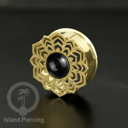 Anting Tindik Plug Stainless Mandala warna gold Ear-tunnel Epoxy warna Hitam
