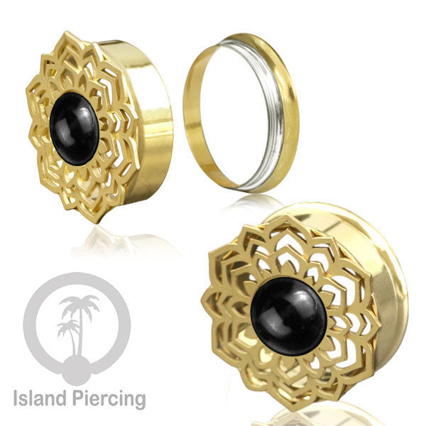 Anting Tindik Plug Stainless Mandala warna gold Ear-tunnel Epoxy warna Hitam