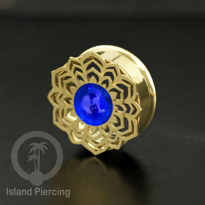 Anting Tindik Plug Stainless Mandala warna gold Ear-tunnel Epoxy warna Biru Tua