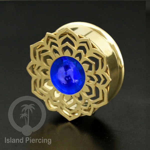 Anting Tindik Plug Stainless Mandala warna gold Ear-tunnel Epoxy warna Biru Tua