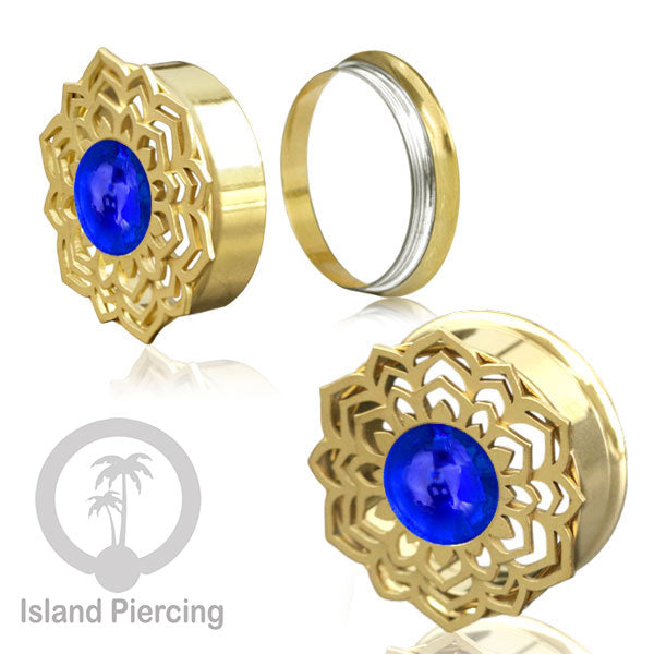 Anting Tindik Plug Stainless Mandala warna gold Ear-tunnel Epoxy warna Biru Tua