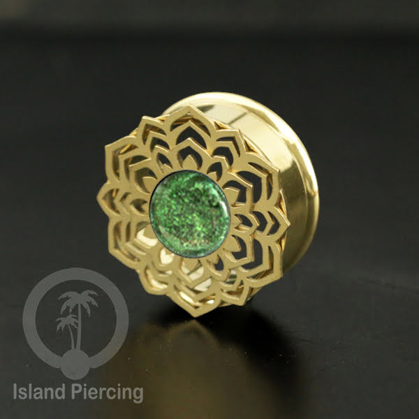 Anting Tindik Plug Stainless Mandala warna gold Ear-tunnel Epoxy warna Hijau