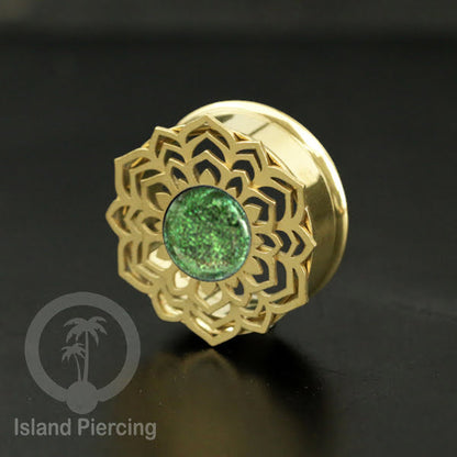 Anting Tindik Plug Stainless Mandala warna gold Ear-tunnel Epoxy warna Hijau