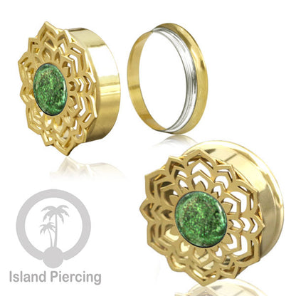 Anting Tindik Plug Stainless Mandala warna gold Ear-tunnel Epoxy warna Hijau