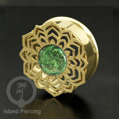 Anting Tindik Plug Stainless Mandala warna gold Ear-tunnel Epoxy warna Hijau